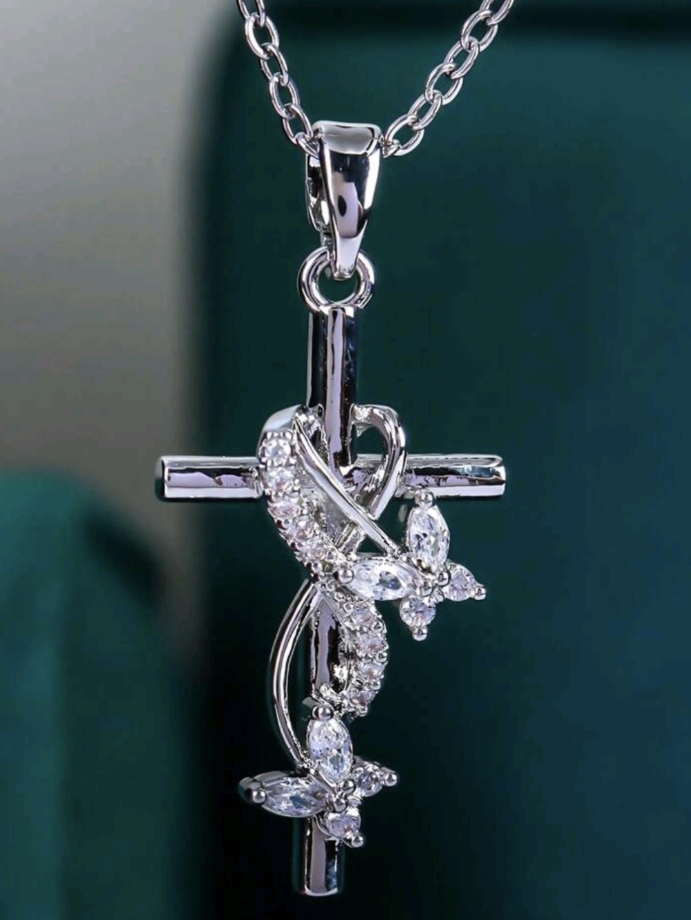 Sterling Silver White Cross Pendant Necklace with Crystal Accents